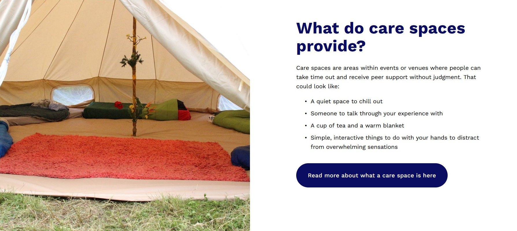 a screen shot, on the left is an image of a tent interior - it has a large rug, mattresses round the walls, and looks super cosy. On the right is text headed 'What do care spaces provide?'